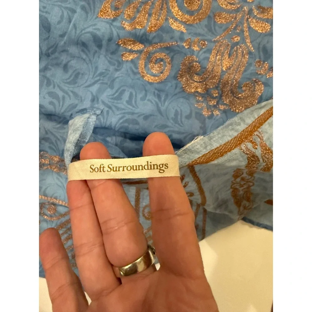 Soft Surroundings Blue Damask Scarf Copper Metallic Embroidered Wrap Rectangular
